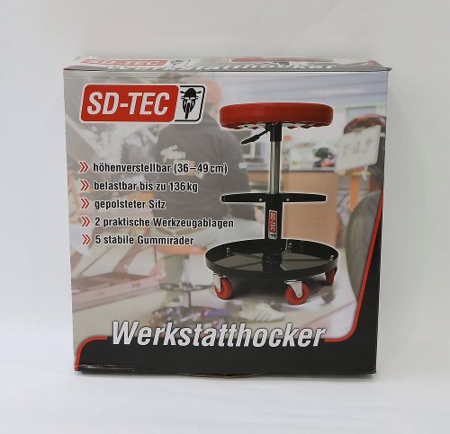SD-TEC Werkstatthocker, höhenverstellbar, rot, mit Werkzeugschale