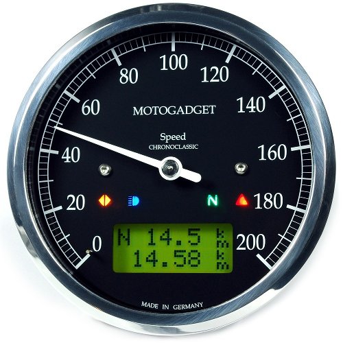 motogadget Chronoclassic speedo, grünes LCD, polierter Ring